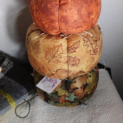 Brand new fall themed rug, throw blanket fabric handmade pumpkins, ceramic leaf dish and more