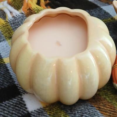 Brand new fall themed rug, throw blanket fabric handmade pumpkins, ceramic leaf dish and more