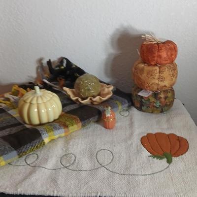 Brand new fall themed rug, throw blanket fabric handmade pumpkins, ceramic leaf dish and more