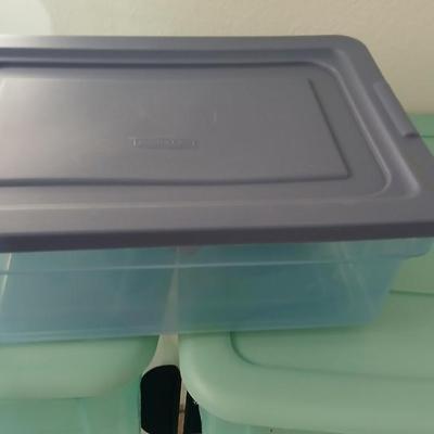 Five totes 4 large sized and one smaller tote with lids