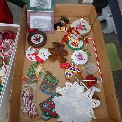 Faux Christmas tree with all the embellishments Ornaments, large candy canes, new tree topper and more