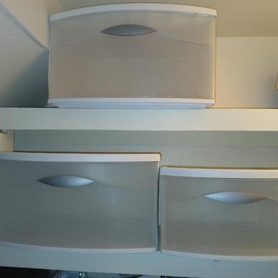 Three stackable single storage totes with drawers