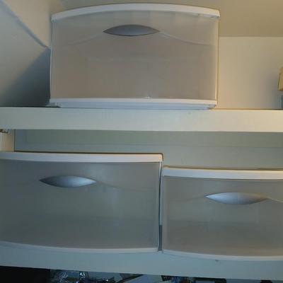 Three stackable single storage totes with drawers