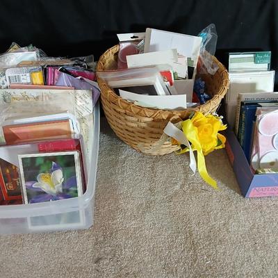 Variety of stationary and greeting cards - many still brand new in a tote and a basket