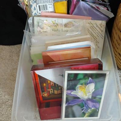 Variety of stationary and greeting cards - many still brand new in a tote and a basket
