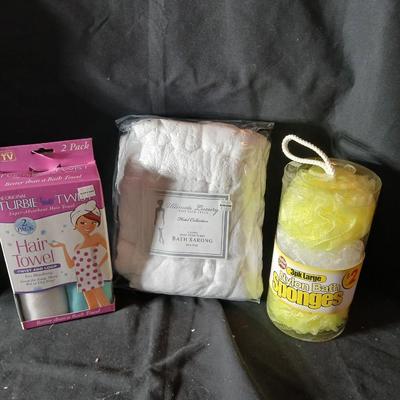 Ultimate Luxury Ladies zero twist Bath Sarong with Hair Towel and Nylon bath sponges