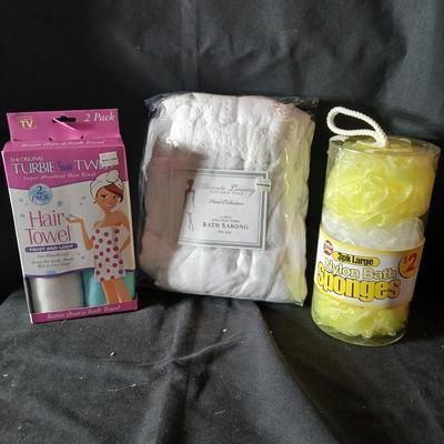 Ultimate Luxury Ladies zero twist Bath Sarong with Hair Towel and Nylon bath sponges
