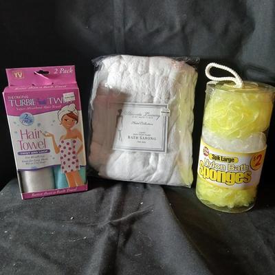 Ultimate Luxury Ladies zero twist Bath Sarong with Hair Towel and Nylon bath sponges