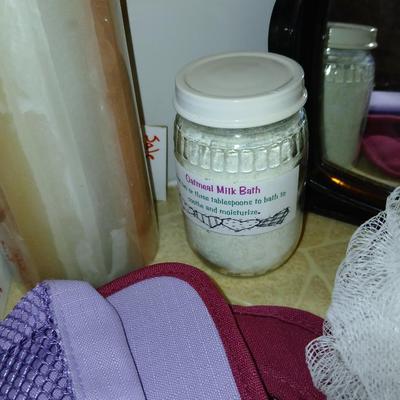 Ladies' spa day! Candles, makeup stoage bags, new shower liner, bath towel, and more