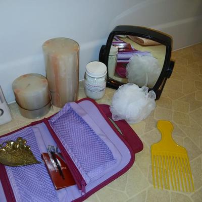 Ladies' spa day! Candles, makeup stoage bags, new shower liner, bath towel, and more
