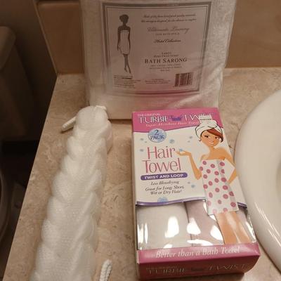 Ultimate Luxury fine bath Hotel collection Bath Sarong with hair towel and a nylon bath scrubby