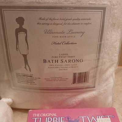 Ultimate Luxury fine bath Hotel collection Bath Sarong with hair towel and a nylon bath scrubby
