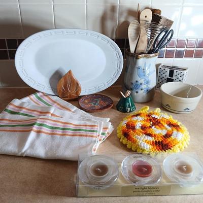 Assortment of Kitchen items, Utensils with holder, towels, platter, candles and hot pads