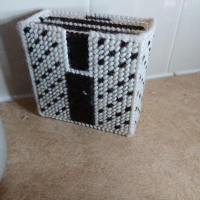 Assortment of Kitchen items, Utensils with holder, towels, platter, candles and hot pads