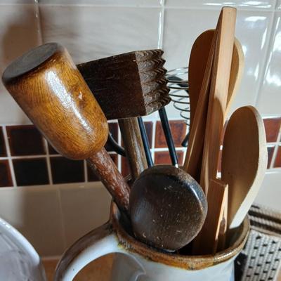 Assortment of Kitchen items, Utensils with holder, towels, platter, candles and hot pads