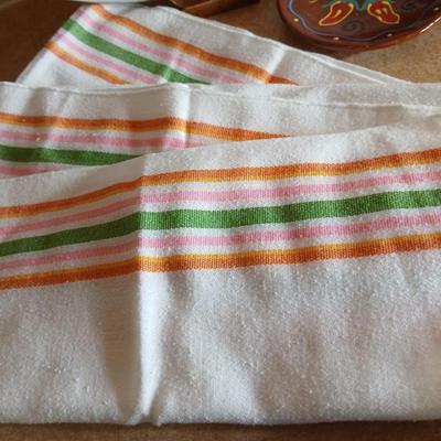Assortment of Kitchen items, Utensils with holder, towels, platter, candles and hot pads