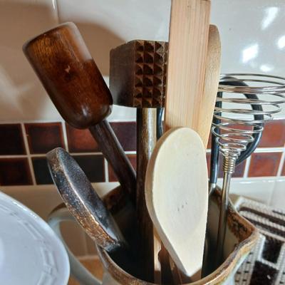 Assortment of Kitchen items, Utensils with holder, towels, platter, candles and hot pads