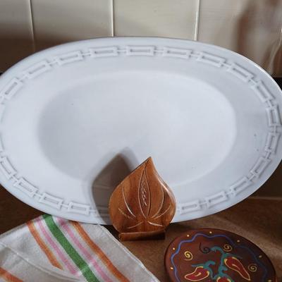 Assortment of Kitchen items, Utensils with holder, towels, platter, candles and hot pads
