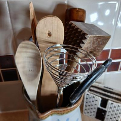 Assortment of Kitchen items, Utensils with holder, towels, platter, candles and hot pads