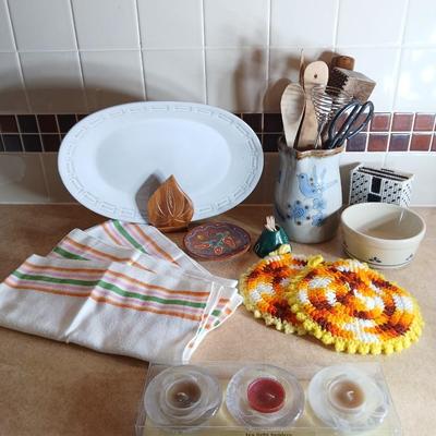 Assortment of Kitchen items, Utensils with holder, towels, platter, candles and hot pads