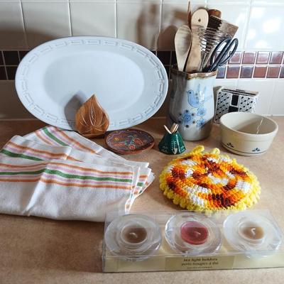 Assortment of Kitchen items, Utensils with holder, towels, platter, candles and hot pads