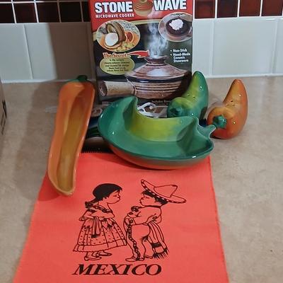 Ceramic Jalapeno pepper salt & pepper shakers and dish with stone wave microwavable soup bowl and small Mexico cloth