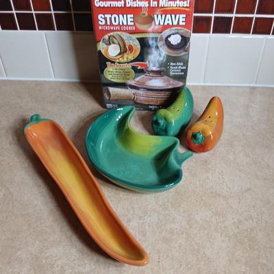 Ceramic Jalapeno pepper salt & pepper shakers and dish with stone wave microwavable soup bowl and small Mexico cloth