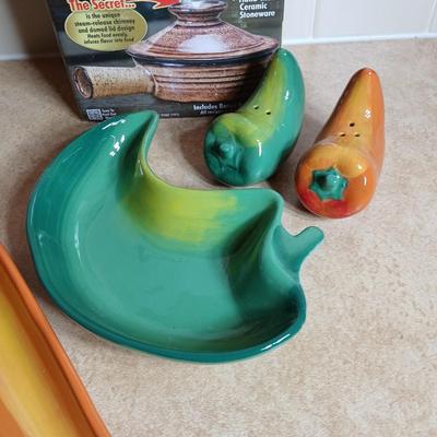 Ceramic Jalapeno pepper salt & pepper shakers and dish with stone wave microwavable soup bowl and small Mexico cloth