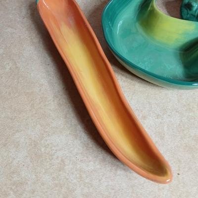 Ceramic Jalapeno pepper salt & pepper shakers and dish with stone wave microwavable soup bowl and small Mexico cloth