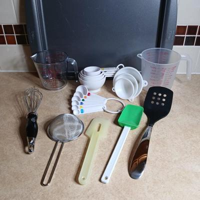 Everything you need to make cookies Except the groceries! Nice Wilton cookie sheet, utensils, and measuring tools