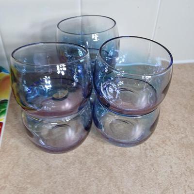 Anchor Hocking 48 oz. juice carafe with six vintage Roly Poly gem tone mini juice glasses