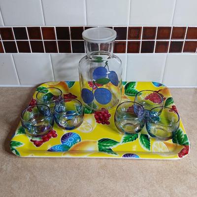 Anchor Hocking 48 oz. juice carafe with six vintage Roly Poly gem tone mini juice glasses