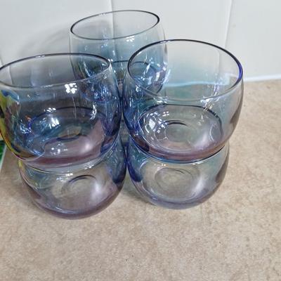 Anchor Hocking 48 oz. juice carafe with six vintage Roly Poly gem tone mini juice glasses