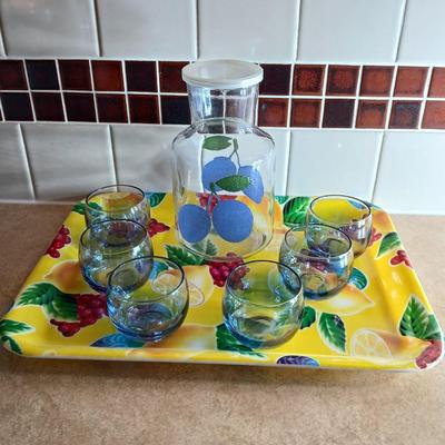 Anchor Hocking 48 oz. juice carafe with six vintage Roly Poly gem tone mini juice glasses