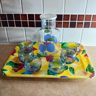 Anchor Hocking 48 oz. juice carafe with six vintage Roly Poly gem tone mini juice glasses