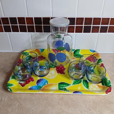 Anchor Hocking 48 oz. juice carafe with six vintage Roly Poly gem tone mini juice glasses