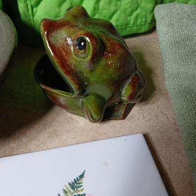 Green fabric appliance covers, with dish drying towels and soap dish frog