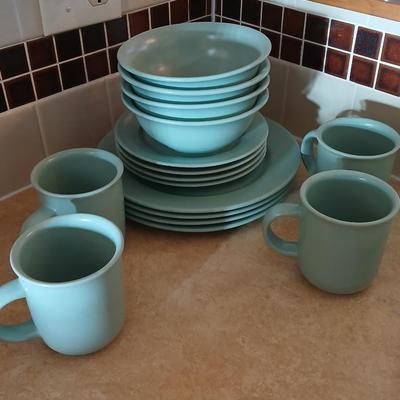 Libbey light blue stoneware like dinner set with white milk glass vase