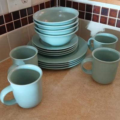 Libbey light blue stoneware like dinner set with white milk glass vase