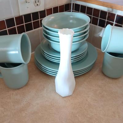 Libbey light blue stoneware like dinner set with white milk glass vase