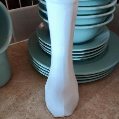 Libbey light blue stoneware like dinner set with white milk glass vase