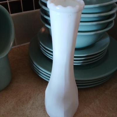 Libbey light blue stoneware like dinner set with white milk glass vase