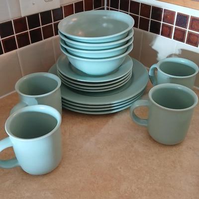 Libbey light blue stoneware like dinner set with white milk glass vase