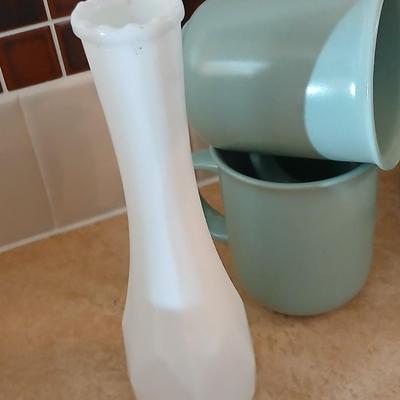 Libbey light blue stoneware like dinner set with white milk glass vase