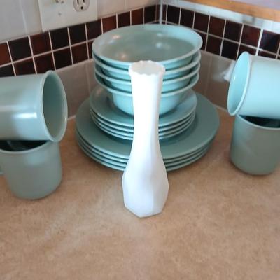 Libbey light blue stoneware like dinner set with white milk glass vase