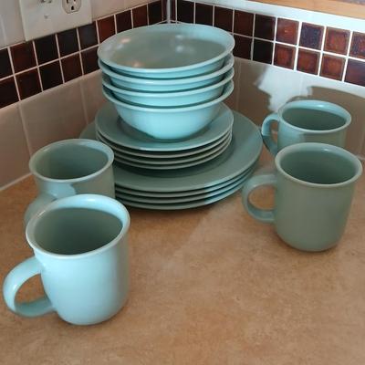Libbey light blue stoneware like dinner set with white milk glass vase