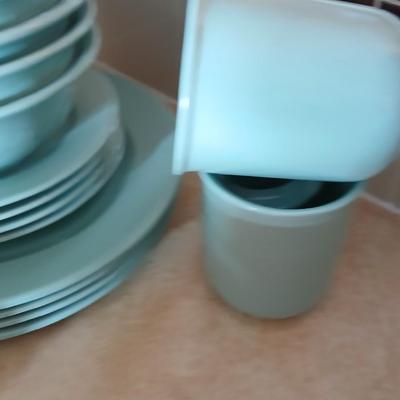 Libbey light blue stoneware like dinner set with white milk glass vase