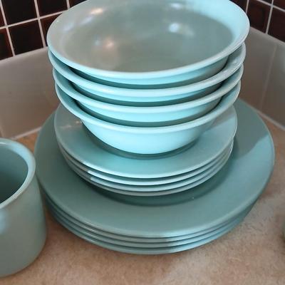 Libbey light blue stoneware like dinner set with white milk glass vase