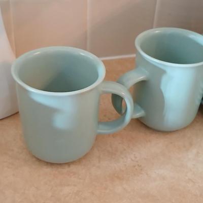 Libbey light blue stoneware like dinner set with white milk glass vase