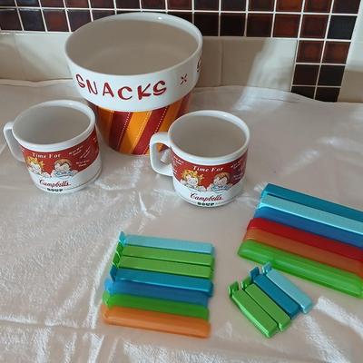Neat Snack bowl with storage bag clips, and Campbells soup mugs